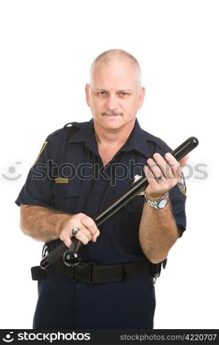 Police officer gets ready to use his night stick. Isolated on white.