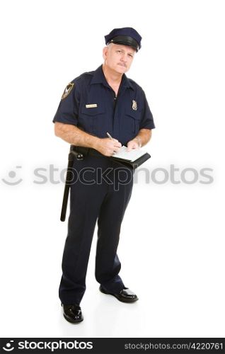 Police officer in uniform with his citation book. Full body isolated on white.