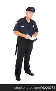 Police officer in uniform with his citation book. Full body isolated on white.