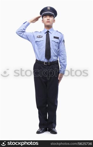 Police Officer Saluting, Studio Shot, full length