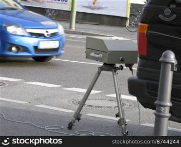 police speeding control. a speeding control device measuring the speed of cars in berlin, germany
