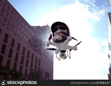 Policedrone Flying Through City Street. 3D Character Illustration.