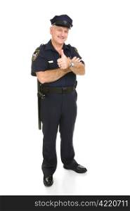 Policeman giving the thumbs up sign. Full body isolated on white.