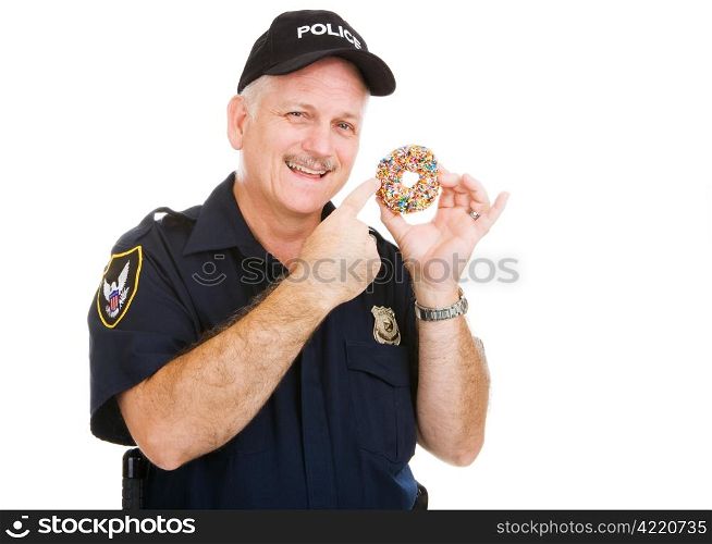 Policeman pointing to a delicious sprinkle covered donut. Isolated on white.