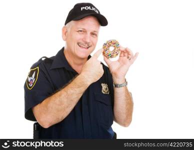 Policeman pointing to a delicious sprinkle covered donut. Isolated on white.