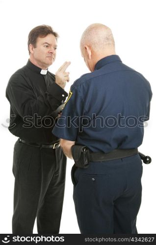 Policeman receives a blessing from a priest or minister. Isolated on white.