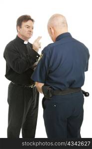 Policeman receives a blessing from a priest or minister. Isolated on white.