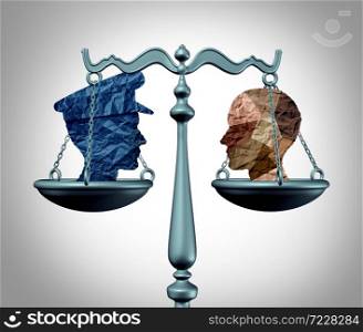Policing justice and law enforcement as a scale or balance with a community or diverse society symbol representing social safety with 3D illustration elements.