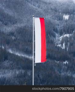 Polish flag waving on wind against high mountain covered by snow