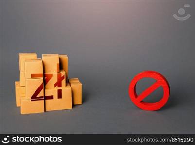 Polish zloty goods boxes and prohibition symbol NO. Trade wars. Ban on import goods. Impossibility of transportation, oversupply. Sanctions and embargoes. Shortage of goods. Confiscation of contraband