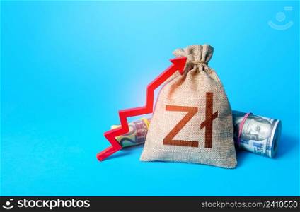 Polish zloty money bag and red up arrow. Rise in profits, budget fees. Increase in the deposit rate. Increase income and business efficiency. Inflation acceleration. Investments. Economic growth, GDP.