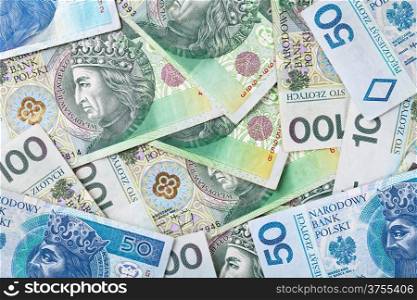 Polish zloty paper money for background. Top view