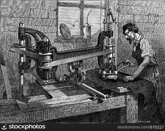 Polishing machine patent leathers, vintage engraved illustration. Industrial encyclopedia E.-O. Lami - 1875.