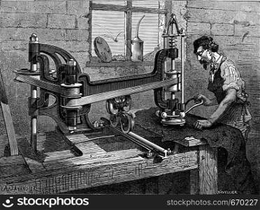 Polishing machine patent leathers, vintage engraved illustration. Industrial encyclopedia E.-O. Lami - 1875.