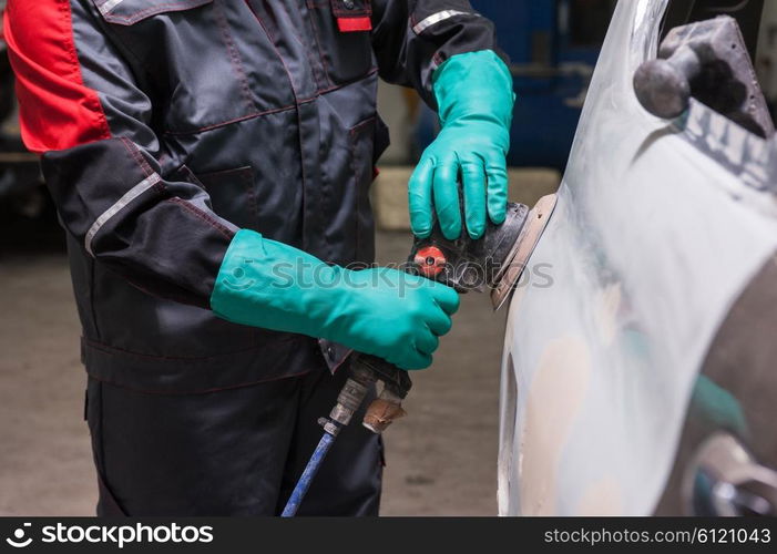 Polishing the car with power buffer machine , closeup