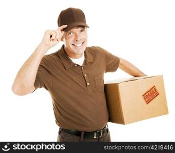 Polite delivery man or mover tipping his hat and smiling . Isolated on white.