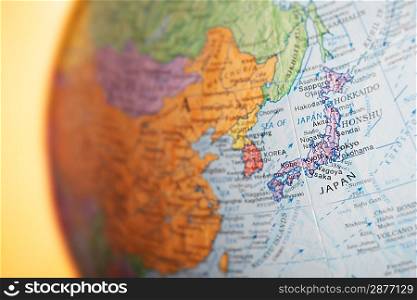 Political globe close-up of Japan