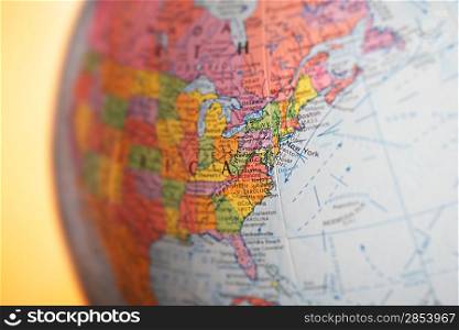 Political globe close-up of United States of America