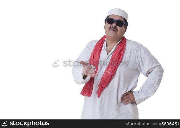 Politician with hand gesture over white background