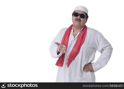 Politician with hand gesture over white background