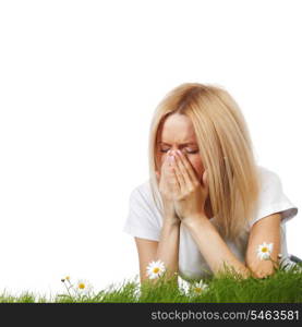 Pollen allergy, woman sneezing in a field of flowers