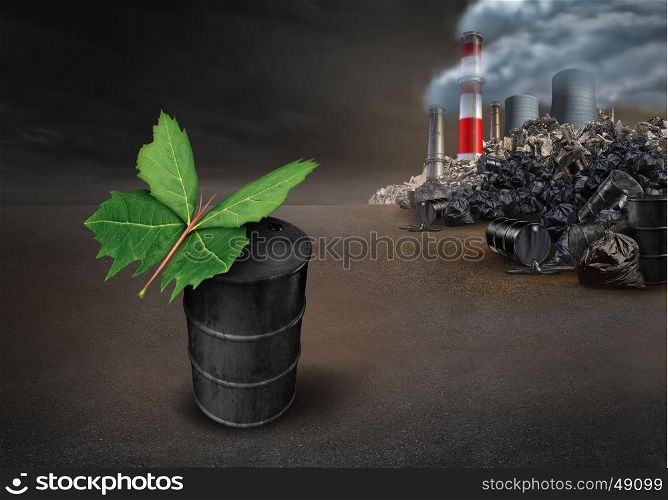 Pollution conservation hope environmental concept as a leaf shaped as a butterfly on an old dirty petroleum oil can with industrial urban pollution landscape in the background with 3D illustration elements.