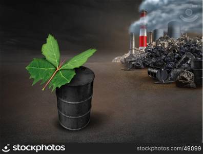 Pollution conservation hope environmental concept as a leaf shaped as a butterfly on an old dirty petroleum oil can with industrial urban pollution landscape in the background with 3D illustration elements.