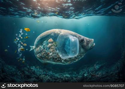Pollution from plastics is a worry for the environment. Plastic bags swimming near a fish. Generative AI