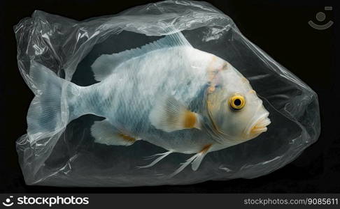 Pollution from plastics is a worry for the environment. Plastic bags with a fish inside. Generative AI