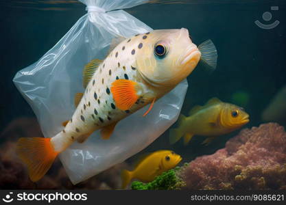 Pollution from plastics is a worry for the environment. Plastic bags with a fish inside. Generative AI