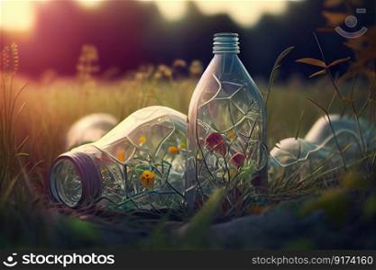 pollution plastic nature bottles on the grass illustration Generative AI.