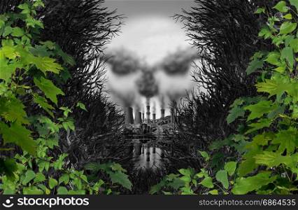 Pollution poison danger concept as an industrial scene discovered through a surreal forest shaped as a death skull made of toxic smoke with 3D illustration elements.