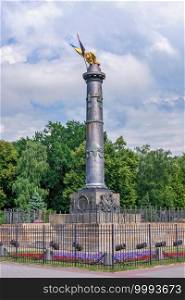 Poltava, Ukraine 07.13.2020. The Column of Glory commemorates the centenary of the Battle of Poltava, Ukraine, on a sunny summer day. Column of Glory in Poltava, Ukraine