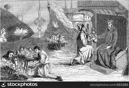 Polybius and the city of the fountain in Jouvenee in the prelude, Travel Mandeville, vintage engraved illustration. Magasin Pittoresque 1867.