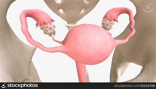 Polycystic ovary syndrome is an endocrine disorder that affects the ovaries and can lead to cystic effects. 3D rendering. Polycystic ovary syndrome is an endocrine disorder that affects the ovaries and can lead to cystic effects.