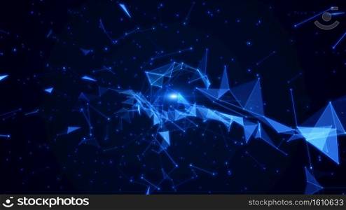 Polygon abstract background with dots and lines connect. Technology Network Data Connection. Animation of Futuristic Cyberspace on blue color background.