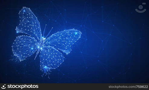 Polygon butterfly on blockchain technology network hud background. Abstract polygonal geometric butterfly consisting of points, lines and shapes. Wireframe technology structure. Low poly design.. Polygon butterfly on blockchain hud banner.