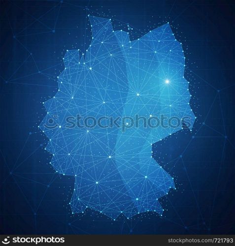 Polygon Germany map with blockchain technology peer to peer network on futuristic hud background. Network, p2p business, commerce, bitcoin trading and cryptocurrency blockchain business banner concept. Polygon Germany map on blockchain hud banner.