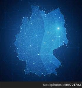 Polygon Germany map with blockchain technology peer to peer network on futuristic hud background. Network, p2p business, commerce, bitcoin trading and cryptocurrency blockchain business banner concept. Polygon Germany map on blockchain hud banner.