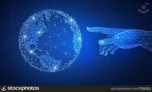 Polygon network human hand touching glowing world globe. Smart contract agreement, blockchain and cryptocurrency, business network and 4IR Fourth Industrial Revolution concept.. Touch the future hand and globe low poly futuristic concept.