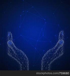 Polygon wide open hands on blockchain technology network hud background. Abstract polygonal geometric hands consisting of points, lines and shapes. Wireframe technology structure. Low poly design.. Polygon wide open hands on blockchain hud banner.