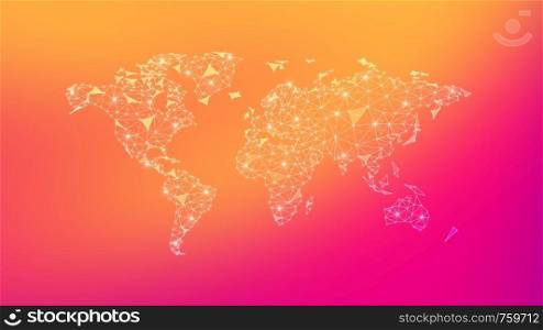 Polygon world map with blockchain peer to peer network on blurred gradient multicolored background. Network, p2p business, bitcoin trading and global cryptocurrency blockchain business banner concept.. Polygon world map on multicolored background