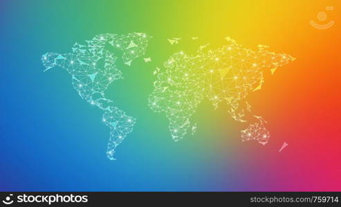 Polygon world map with blockchain peer to peer network on blurred gradient multicolored background. Network, p2p business, bitcoin trading and global cryptocurrency blockchain business banner concept.. Polygon world map on multicolored background