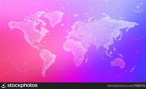 Polygon world map with blockchain peer to peer network on blurred gradient multicolored background. Network, p2p business, bitcoin trading and global cryptocurrency blockchain business banner concept.. Polygon world map on multicolored background