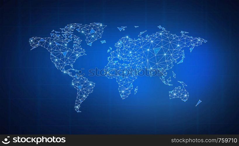 Polygon world map with blockchain technology peer to peer network on blue background. Network, p2p business, e-commerce, bitcoin trading and global cryptocurrency blockchain business banner concept.. Polygon world map on blockchain hud banner.