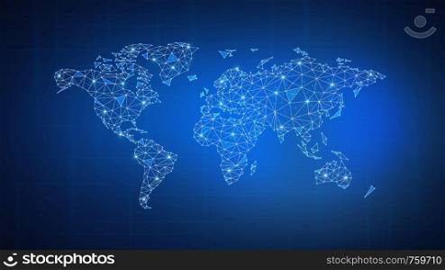 Polygon world map with blockchain technology peer to peer network on blue background. Network, p2p business, e-commerce, bitcoin trading and global cryptocurrency blockchain business banner concept.. Polygon world map on blockchain hud banner.