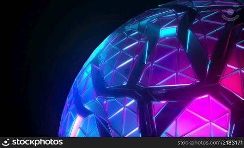 Polygonal 3d render round frame with broken joints and cyber fractals. Geometric futuristic ball with technology tracery and shattered surface triangular lines formations. Polygonal 3d render round frame with broken joints and cyber fractals. Geometric futuristic ball with technology tracery and shattered surface triangular lines formations.. Mesh neon sphere in cracks.