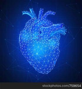 Polygonal anatomic human's heart 3d with aorta and veins on peer to peer blockchain network technology background representing life and health care concept. Low poly design. Square layout.. Polygon human's heart 3d on blue background.