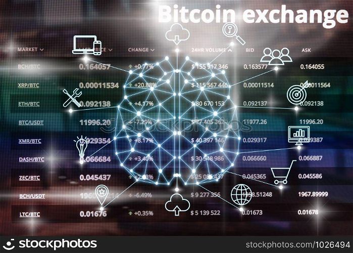 Polygonal brain shape of an artificial intelligence with various icon of smart city Internet of Things Technology over Cryptocurrency Bitcoin exchange trading screen, AI and business IOT concept