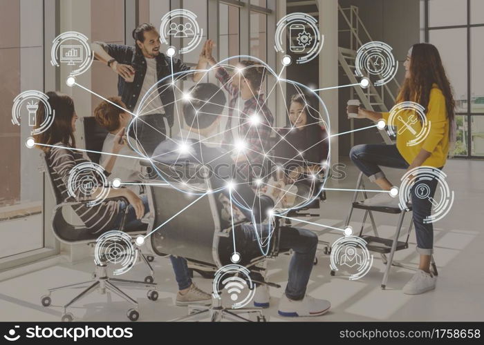 Polygonal brain shape of an artificial intelligence with various icon of smart city Internet of Things over group of diverse Business people are brainstorming and hand shaking